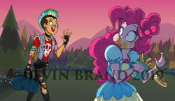 Size: 1280x740 | Tagged: safe, artist:bevin brand, pinkie pie, oc, oc:copper plume, equestria girls, equestria girls series, sunset's backstage pass!, spoiler:eqg series (season 2), big honkin' watermark in the middle of everything, canon x oc, churros, clothes, collar, commission, commissioner:imperfectxiii, copperpie, duffle bag, ear piercing, eyebrow piercing, female, fingerless gloves, food, freckles, geode of sugar bombs, glasses, gloves, magical geodes, male, mohawk, music festival outfit, obtrusive watermark, official fan art, piercing, punk, ripped pants, shipping, shirt, shocked, straight, t-shirt, tattoo, vest, watermark, wristband