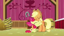 Size: 1280x720 | Tagged: safe, derpibooru import, screencap, apple bloom, applejack, earth pony, pony, going to seed, hug