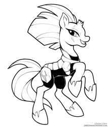 Size: 725x850 | Tagged: safe, artist:lindsay cibos, fizzlepop berrytwist, tempest shadow, pony, unicorn, armor, black and white, broken horn, eye scar, female, grayscale, hoof shoes, horn, looking at you, mare, monochrome, rearing, scar, simple background, smiling, solo, white background