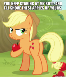 Size: 600x700 | Tagged: safe, derpibooru import, edit, edited screencap, screencap, applejack, earth pony, pony, going to seed, apple, butt, caption, cropped, female, food, frown, image macro, implied anal insertion, implied insertion, looking back, mare, memeful.com, plot, solo, text