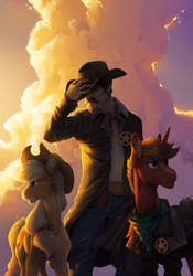 Size: 4035x5760 | Tagged: safe, artist:turnipberry, derpibooru import, applejack, oc, earth pony, human, pony, unicorn, cowboy hat, facial hair, fanfic, fanfic art, fanfic cover, female, hat, male, man, mare, moustache, sheriff, sheriff's badge, stallion