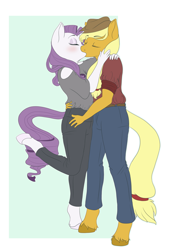 Size: 1280x1707 | Tagged: safe, artist:crashcoursemaster, derpibooru import, applejack, rarity, anthro, earth pony, unguligrade anthro, unicorn, blushing, clothes, cute, eyes closed, female, jackabetes, jeans, kissing, lesbian, mare, pants, passionate, raribetes, rarijack, shipping, simple background, unshorn fetlocks