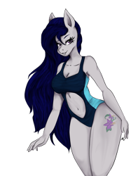 Size: 1024x1366 | Tagged: safe, artist:zsnowfilez, oc, oc:belladonna nightshade, anthro, earth pony, belly button, breasts, cleavage, clothes, female, mare, navel cutout, one-piece swimsuit, simple background, solo, swimsuit, transparent background