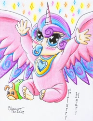 Size: 1266x1640 | Tagged: safe, artist:the1king, princess flurry heart, whammy, alicorn, human, baby, barefoot, bib, blushing, cute, feet, flurrybetes, horn, horned humanization, humanized, onesie, pacifier, plushie, solo, winged humanization, wings