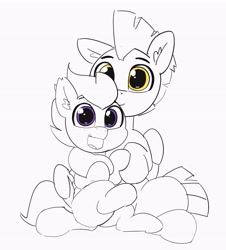 Size: 3520x3892 | Tagged: safe, artist:pabbley, rumble, thunderlane, pegasus, pony, brothers, colt, duo, ear fluff, happy, looking at you, male, monochrome, neo noir, open mouth, partial color, siblings, simple background, sitting, smiling, stallion, white background