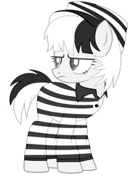 Size: 1656x2232 | Tagged: safe, artist:lazuli, artist:rukemon, oc, oc only, oc:bad karma, earth pony, pony, base used, clothes, commission, female, hat, jumpsuit, mare, prison outfit, prison stripes, prisoner, simple background, solo, transparent background