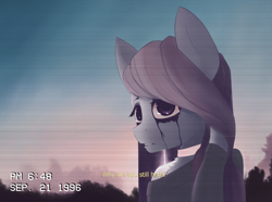 Size: 956x711 | Tagged: safe, artist:owlnon, marble pie, anthro, bust, clothes, dialogue, looking at you, makeup, running makeup, scan lines, solo, subtitles, sweater, three quarter view, timestamp, vhs