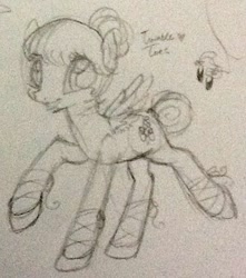 Size: 569x645 | Tagged: safe, artist:laceymod, oc, oc:twinkle toes, pegasus, pony, female, mare, monochrome, sketch, solo, traditional art