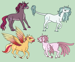 Size: 2749x2278 | Tagged: safe, artist:misskanabelle, oc, oc only, oc:cresent shine, oc:iridium chalice, oc:pink promenade, oc:starburst, classical hippogriff, classical unicorn, hippogriff, pegasus, pony, unicorn, cloven hooves, colored hooves, colored wings, female, glasses, gradient wings, green background, leonine tail, magical lesbian spawn, mare, multicolored wings, offspring, parent:fancypants, parent:fleur-de-lis, parent:moondancer, parent:pinkie pie, parent:princess skystar, parent:star bright, parent:sunset shimmer, parent:trixie, parents:fancyfleur, parents:moonbright, parents:skypie, parents:suntrix, simple background, unshorn fetlocks