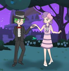 Size: 1620x1676 | Tagged: safe, artist:banquo0, spike, sweetie belle, human, a canterlot wedding, clothes, dress, female, flower girl, flower girl dress, full body, hat, human spike, humanized, male, marriage, shipping, spikebelle, straight, suit, top hat, tuxedo, waltz, wedding