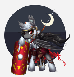 Size: 3893x4092 | Tagged: safe, artist:mirapony, oc, oc:falling star, bat pony, pony, armor, bat pony oc, clothes, crescent moon, fantasy class, female, legionary, mare, moon, shield, solo, warrior, weapon