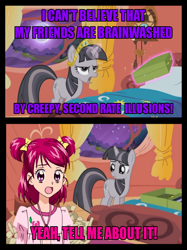 Size: 896x1198 | Tagged: safe, edit, edited screencap, screencap, twilight sparkle, unicorn twilight, unicorn, the return of harmony, anime, bed, big crown thingy, caption, discorded, discorded twilight, element of magic, golden oaks library, image macro, jewelry, nozomi yumehara, precure, regalia, text, yes! precure 5