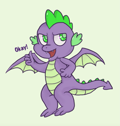 Size: 815x856 | Tagged: safe, artist:jaegerjaques, artist:juspeczik, spike, dragon, green background, green eyes, male, okay, simple background, smiling, solo, spiked tail, thumbs up, winged spike, wings