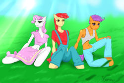 Size: 3000x2000 | Tagged: safe, artist:biomirage, apple bloom, scootaloo, sweetie belle, anthro, cutie mark crusaders