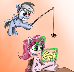 Size: 2000x1930 | Tagged: safe, artist:chopsticks, oc, oc:novella, oc:sharp focus, pegasus, pony, spider, unicorn, book, chair, chest fluff, ear fluff, everfree northwest, flying, foal, funny, hoof fluff, magic, prank, reading, sitting, telekinesis, this will not end well