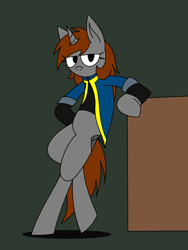 Size: 1920x2560 | Tagged: safe, artist:derpanater, oc, oc only, oc:littlepip, pony, unicorn, fallout equestria, clothes, fanfic, fanfic art, female, hooves, horn, leaning, looking at you, mare, relaxing, simple background, solo, standing, vault suit