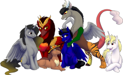 Size: 2523x1529 | Tagged: safe, artist:mythpony, oc, oc:edwin, oc:luis, oc:machete, oc:shawn, alicorn, draconequus, wolf, female, male, mare, prone, simple background, stallion, transparent background