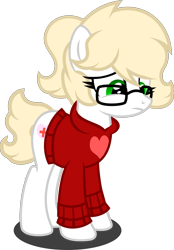 Size: 1280x1841 | Tagged: safe, artist:fletcherthehuntress, oc, oc only, oc:aubrey winters, earth pony, pony, clothes, female, glasses, mare, sad, simple background, solo, sweater, transparent background