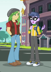 Size: 254x354 | Tagged: safe, screencap, microchips, sandalwood, equestria girls, equestria girls series, fomo, spoiler:eqg series (season 2), backpack, canterlot high, clothes, converse, cropped, glasses, hand in pocket, male, pants, shoes