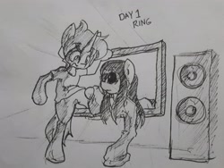 Size: 3456x2592 | Tagged: safe, artist:spheedc, oc, oc:dream chaser, ghost, ghost pony, pony, semi-anthro, unicorn, bipedal, inktober, inktober 2019, male, ponified, speakers, stallion, television, the ring, traditional art