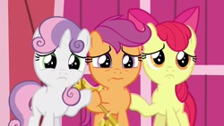 Size: 1920x1080 | Tagged: safe, screencap, apple bloom, scootaloo, sweetie belle, pony, the last crusade, cutie mark crusaders, key to the city, sad