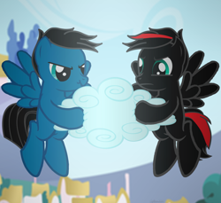 Size: 3600x3300 | Tagged: safe, artist:agkandphotomaker2000, oc, oc:arnold the pony, oc:pony video maker, pegasus, pony, cloud, fight, fighting over something, ponyville, red and black mane, red and black oc