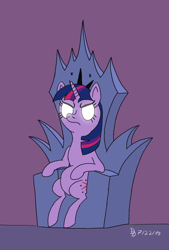 Size: 1300x1920 | Tagged: safe, artist:darkdabula, twilight sparkle, unicorn twilight, pony, unicorn, the beginning of the end, atg 2019, friendship throne, glowing eyes, newbie artist training grounds, solo, throne, tyrant sparkle