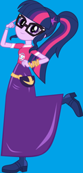 Size: 4345x9008 | Tagged: safe, artist:starman1999, sci-twi, twilight sparkle, better together, equestria girls, festival filters, blue background, boots, clothes, cute, fanny pack, glasses, long skirt, looking at you, ponytail, raised leg, shoes, simple background, skirt, twiabetes