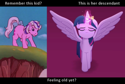 Size: 960x640 | Tagged: safe, edit, screencap, twilight, twilight sparkle, twilight sparkle (alicorn), alicorn, pony, g1, g4, my little pony: the movie, rescue at midnight castle, bow, cliff, cloud, cloudy, cropped, crown, cute, dream valley, eyes closed, feeling old yet?, frown, glowing horn, horn, jewelry, looking down, majestic, meditating, meditation, meme, raised leg, regalia, solo, spread wings, tail bow, wings