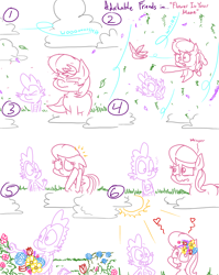 Size: 1280x1611 | Tagged: safe, artist:adorkabletwilightandfriends, lily, lily valley, spike, dragon, earth pony, pony, comic:adorkable twilight and friends, adorkable, adorkable friends, cloud, comic, cute, dork, flower, friendship, gathering, grass, humor, lilyspike, love, mane, no text comic, slice of life, sunshine, wind