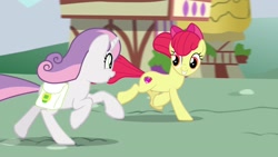 Size: 1920x1080 | Tagged: safe, screencap, apple bloom, sweetie belle, pony, growing up is hard to do, cutie mark, older, older apple bloom, older sweetie belle, running, saddle bag, the cmc's cutie marks