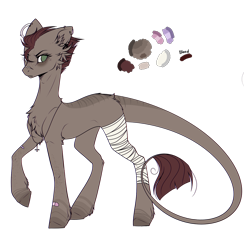 Size: 1468x1503 | Tagged: safe, artist:rukemon, oc, oc only, oc:dirty clover, earth pony, pony, bandage, bandaid, blank flank, chest fluff, coat markings, cross, ear fluff, ear piercing, earring, female, freckles, jewelry, leonine tail, mare, necklace, piercing, raised hoof, reference sheet, scar, simple background, solo, transparent background