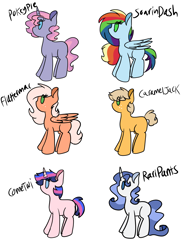 Size: 1200x1600 | Tagged: safe, artist:rubyg242, oc, oc only, pony, blank flank, button eyes, earth pony oc, female, filly, freckles, next generation, no mouth, offspring, parent:applejack, parent:big macintosh, parent:caramel, parent:comet tail, parent:fancypants, parent:fluttershy, parent:pinkie pie, parent:pokey pierce, parent:rainbow dash, parent:rarity, parent:soarin', parent:twilight sparkle, parents:carajack, parents:cometlight, parents:fluttermac, parents:pokeypie, parents:raripants, parents:soarindash, pegasus oc, unicorn oc, unnamed oc