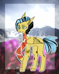 Size: 1728x2160 | Tagged: safe, artist:esgest, oc, oc only, oc:sora seeds, pegasus, pony, commission, ear piercing, earring, eyebrow piercing, female, icey-verse, jewelry, magical gay spawn, mare, missing cutie mark, offspring, parent:braeburn, parent:soarin', parents:soarburn, piercing, raised hoof, solo, tattoo