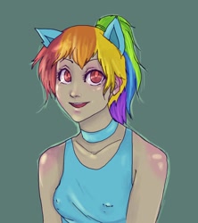 Size: 1024x1152 | Tagged: safe, artist:jaegerjaques, derpibooru import, rainbow dash, anthro, pegasus, choker, female, four ears, jewelry, manga, manga style, necklace, pony ears, red eyes, simple background, smiling, solo