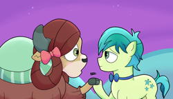 Size: 2600x1500 | Tagged: safe, artist:alonso-bazan, sandbar, yona, earth pony, pony, yak, she's all yak, blushing, bow, bowtie, cloven hooves, female, hair bow, holding hooves, interspecies, male, scene interpretation, shipping, straight, yonabar