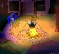 Size: 2195x2000 | Tagged: safe, artist:eclipsepenumbra, artist:eclipsethebat, oc, oc:cosmic light, pony, unicorn, cabin, campfire, cooking, night, rock, sitting, smiling, tree