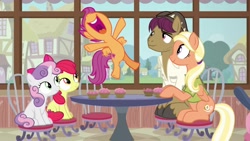 Size: 1920x1080 | Tagged: safe, screencap, apple bloom, mane allgood, scootaloo, snap shutter, sweetie belle, earth pony, pegasus, pony, unicorn, the last crusade, chair, clothes, cupcake, cutie mark, cutie mark crusaders, excited, female, filly, foal, food, happy, hat, it happened, male, mare, shirt, smiling, stallion, table, the cmc's cutie marks, yay