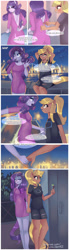 Size: 906x3300 | Tagged: safe, artist:xjenn9, derpibooru import, applejack, rarity, anthro, earth pony, unicorn, comic:best friends, adorasexy, arm behind head, comic, cute, date, female, holding hands, jackabetes, lesbian, looking back, looking over shoulder, mare, missing horn, night, ponytail, raribetes, rarijack, sexy, shipping, smiling, zipper