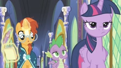 Size: 1920x1080 | Tagged: safe, screencap, spike, sunburst, twilight sparkle, twilight sparkle (alicorn), alicorn, dragon, pony, the parent map, frown, smug, twilight's castle