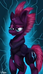 Size: 750x1280 | Tagged: safe, artist:lordofthefeathers, tempest shadow, pony, unicorn, abstract background, armor, broken horn, eye scar, female, horn, lidded eyes, mare, rearing, scar, solo