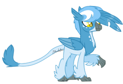 Size: 1600x1096 | Tagged: safe, artist:ipandacakes, oc, oc only, oc:jay spray, pony, base used, colored pupils, hippogriffon, interspecies offspring, leg fluff, magical lesbian spawn, male, offspring, parent:gabby, parent:silverstream, parents:gabbystream, raised hoof, simple background, smiling, solo, transparent background