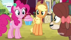 Size: 1280x720 | Tagged: safe, derpibooru import, screencap, applejack, pinkie pie, yona, earth pony, pony, yak, she's all yak, all new, bow, bucket, cute, diapinkes, discovery family logo, female, hair bow, jackabetes, mane hold, mare, my little pony logo, text