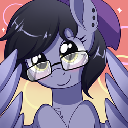 Size: 2000x2000 | Tagged: safe, artist:xwhitedreamsx, oc, oc only, oc:nightshade (pegasus), pegasus, pony, beanie, blushing, chest fluff, ear fluff, ear piercing, earring, glasses, hat, jewelry, looking at you, piercing, solo, wings