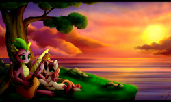 Size: 2435x1455 | Tagged: safe, artist:vird-gi, spike, sweetie belle, dragon, pony, unicorn, acoustic guitar, blushing, cute, female, male, shipping, smiling, spikebelle, straight, sunset, tree, winged spike