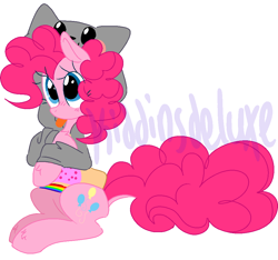 Size: 1000x937 | Tagged: safe, artist:kiddinsdeluxe, derpibooru import, pinkie pie, earth pony, pony, :p, blushing, clothes, cute, diapinkes, hoodie, leg fluff, nyan cat, solo, tongue out