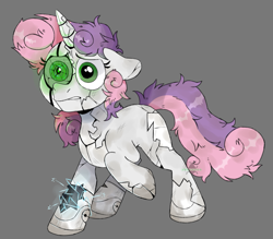 Size: 1113x977 | Tagged: safe, artist:incubugs, artist:mega-bugsly, sweetie belle, sweetie bot, pony, robot, robot pony, unicorn, broken, damaged, destabilize, dirty, female, filly, foal, gray background, green eyes, in need of repair, robot gore, sad, scared, simple background, solo