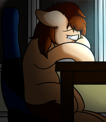 Size: 3200x3700 | Tagged: safe, artist:dracoflames, oc, oc only, earth pony, pony, chair, crying, dark room, sad, sitting, solo, table, unnamed oc, vent art