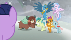 Size: 1920x1080 | Tagged: safe, screencap, gallus, ocellus, sandbar, silverstream, smolder, twilight sparkle, twilight sparkle (alicorn), yona, alicorn, changedling, changeling, classical hippogriff, dragon, earth pony, griffon, hippogriff, pony, yak, the ending of the end, bedroom eyes, bow, cloven hooves, colored hooves, dragoness, female, flying, hair bow, jewelry, male, monkey swings, necklace, shipping, shipping fuel, straight, student six, teenager, yonabar
