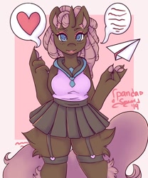 Size: 1250x1500 | Tagged: safe, artist:pandasayori, oc, oc only, oc:marble sketch, anthro, hybrid, unicorn, anthro oc, clothes, cute, dreadlocks, female, floating heart, garters, heart, miniskirt, paper airplane, pink, pleated skirt, simple background, skirt, solo